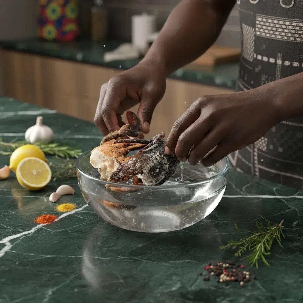 Préparation de morceaux de crabe dans un bol d’eau avec épices et citron. Produit surgelé idéal pour plats chauds ou froids.