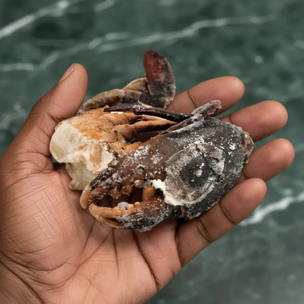 Main tenant des morceaux de crabe congelés, montrant texture et qualité. Morceaux de crabe - fraîcheur authentique et portions pratiques.