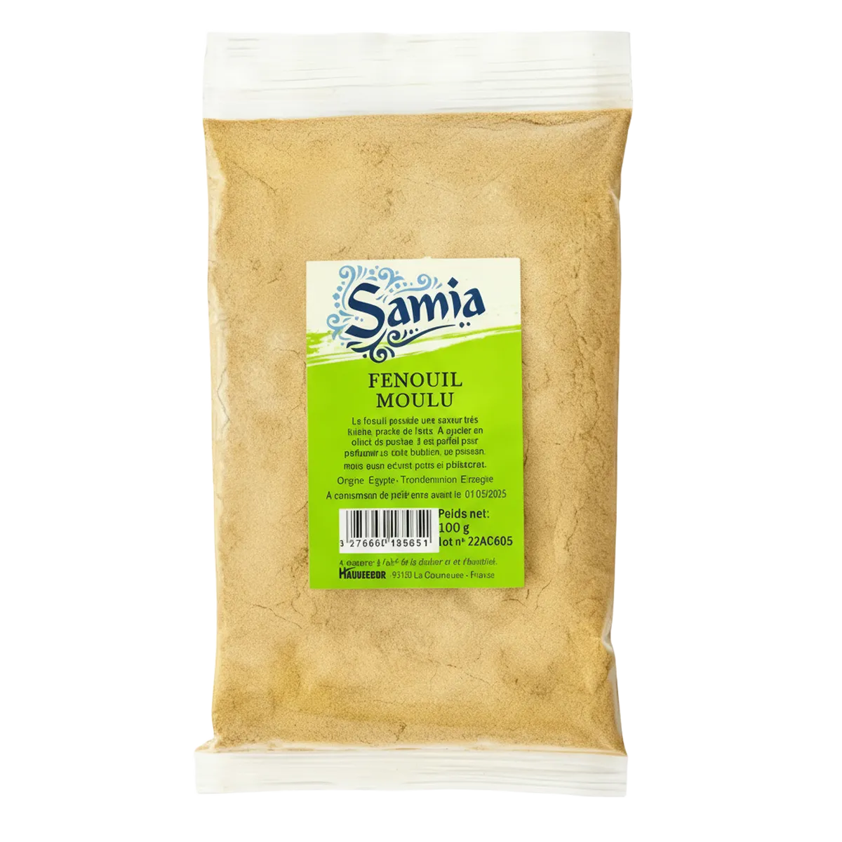 Fenouil moulu SAMIA en sachet de 100g, épice douce à saveur anisée pour soupes et plats mijotés. Épicerie salée idéale pour la cuisine.