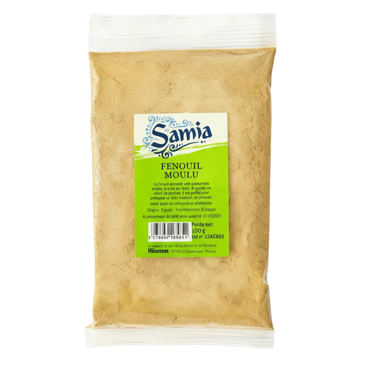 Fenouil moulu SAMIA en sachet de 100g, épice douce à saveur anisée pour soupes et plats mijotés. Épicerie salée idéale pour la cuisine.