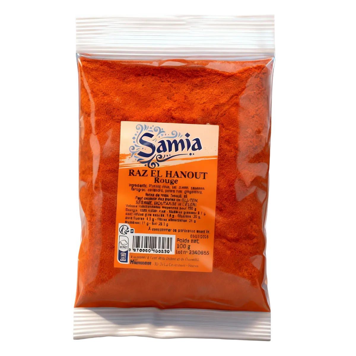 Raz el hanout rouge SAMIA en sachet de 100g, mélange d'épices aux couleurs vives pour plats mijotés, viandes et légumes.