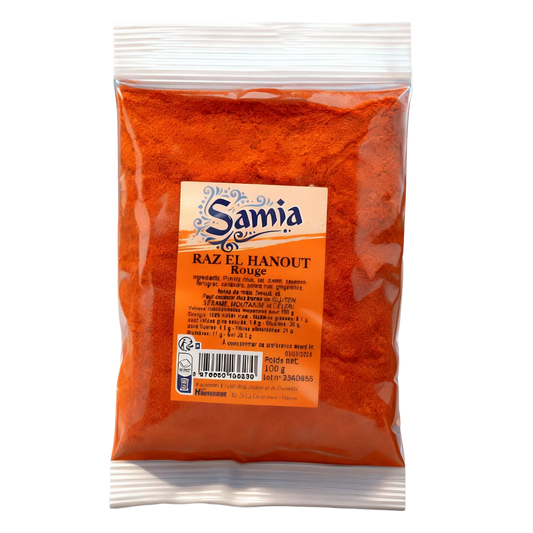 Raz el hanout rouge SAMIA en sachet de 100g, mélange d'épices aux couleurs vives pour plats mijotés, viandes et légumes.