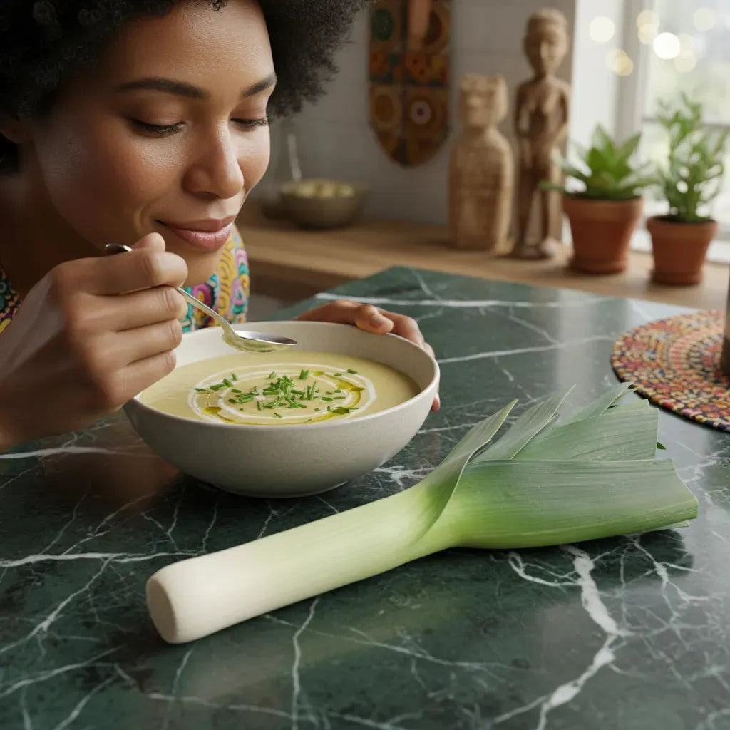 Poireau frais sur table de cuisine avec soupe maison. Légume tendre et croquant, parfait pour ajouter goût et fraîcheur à vos recettes.