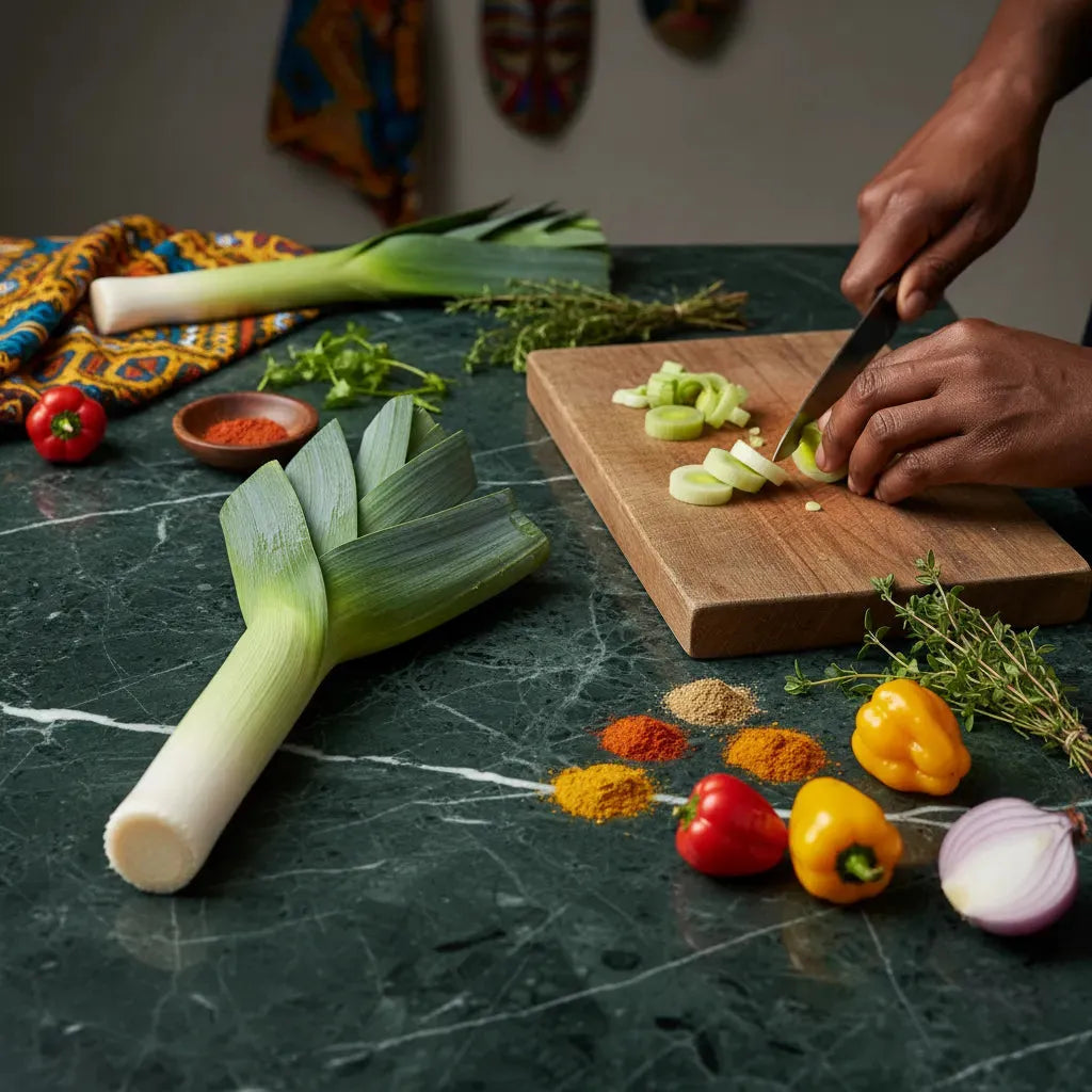 Préparation culinaire avec poireau frais découpé. Légume croquant et savoureux, essentiel pour une cuisine maison pleine de goût.
