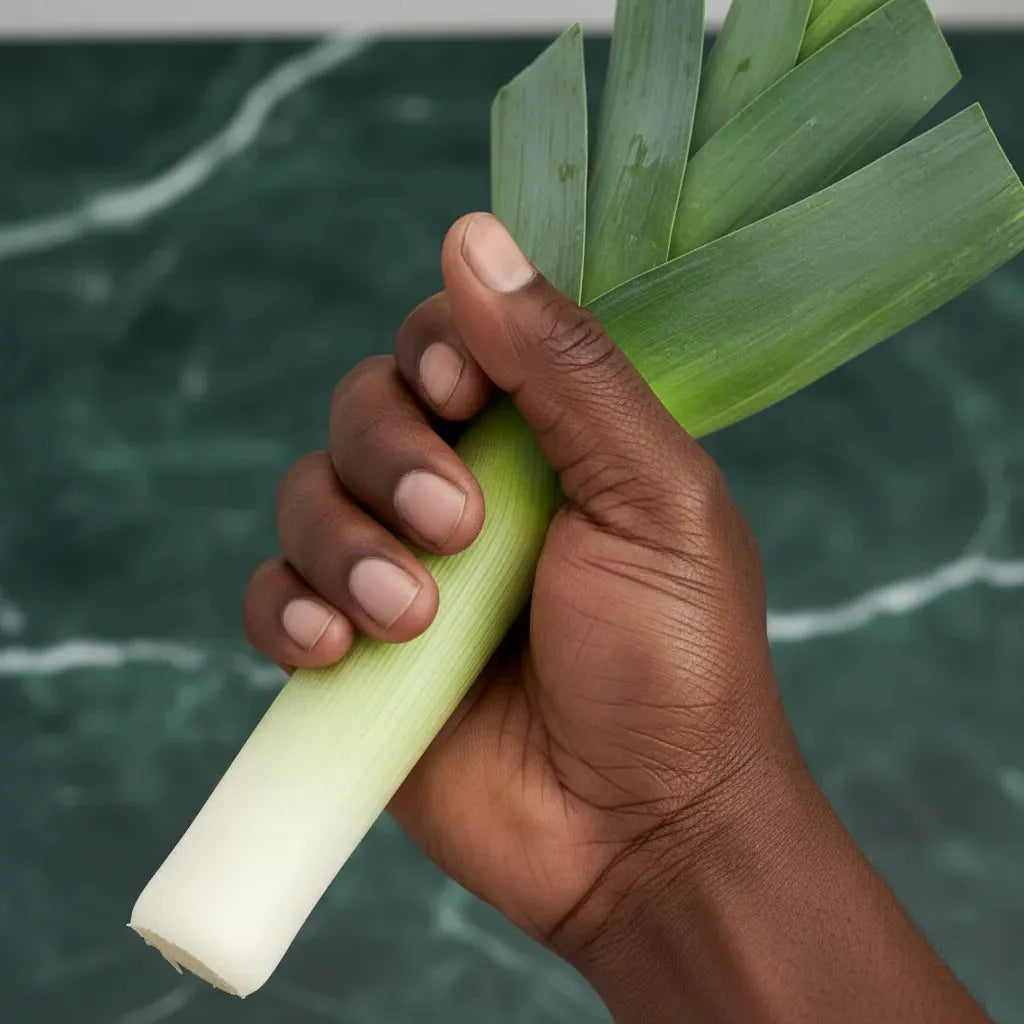 Main tenant un poireau frais, légume tendre et croquant. Idéal pour recettes saines et riches en saveurs naturelles.