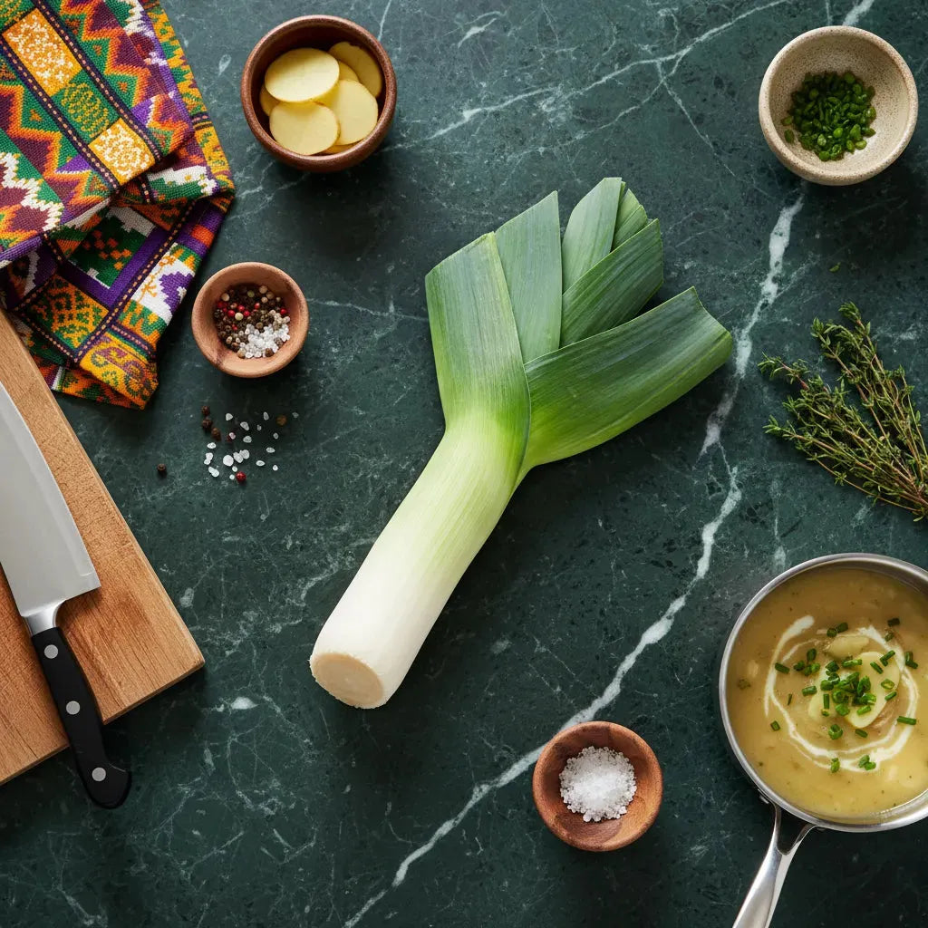 Poireau frais entouré d'ingrédients culinaires sur plan de travail. Légume polyvalent pour soupes, ragoûts et plats équilibrés.