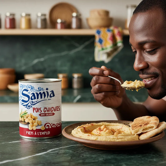 Homme dégustant un houmous préparé avec pois chiches en conserve SAMIA, parfaits pour plats maison pratiques et gourmands.