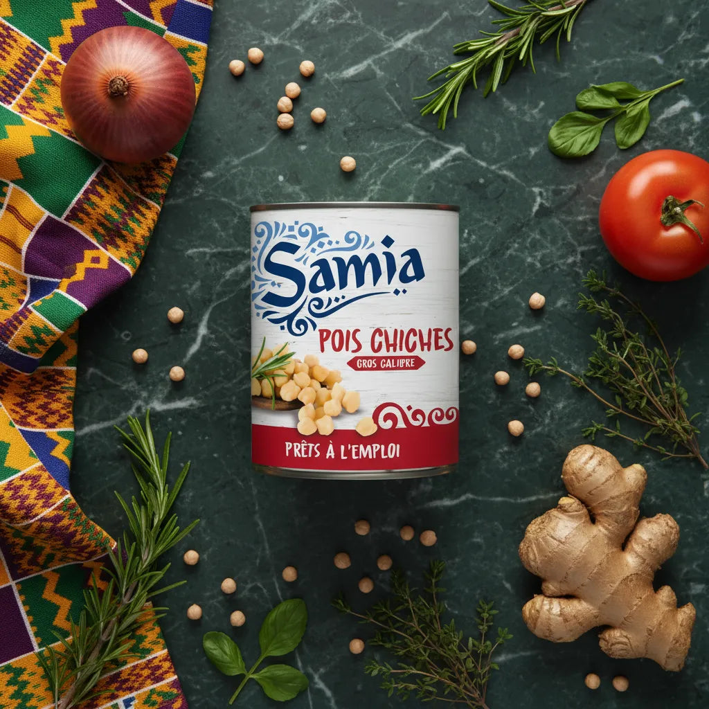Boîte de pois chiches en conserve SAMIA posée sur un plan de travail avec légumes frais, idéale pour cuisine saine et rapide.