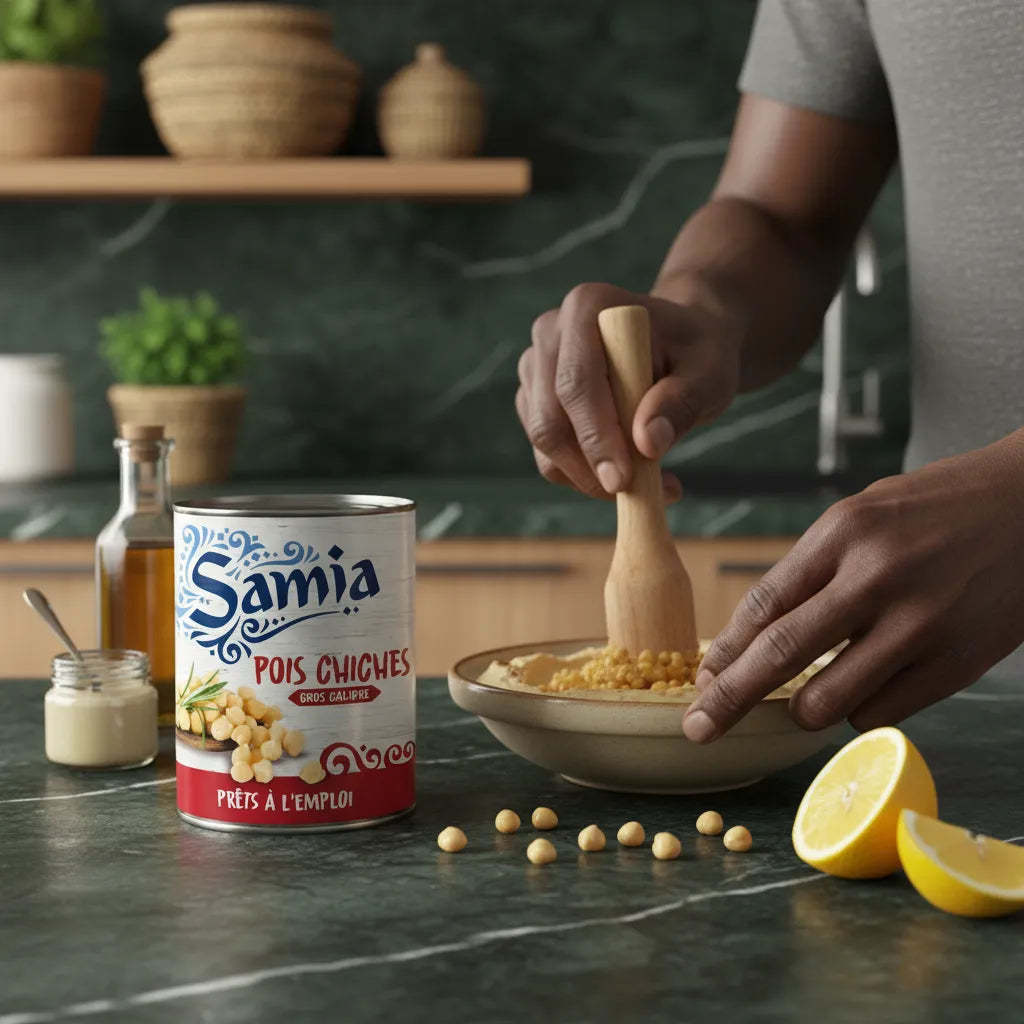 Préparation de houmous avec pois chiches en conserve SAMIA, solution pratique pour recettes maison riches en saveurs.