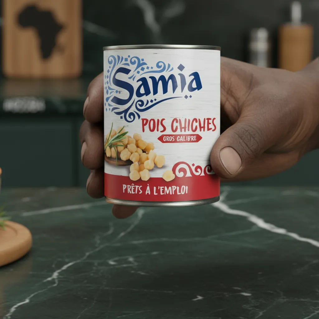Main tenant une boîte de pois chiches en conserve SAMIA, produit d'épicerie salée prêt à l'emploi pour plats variés.