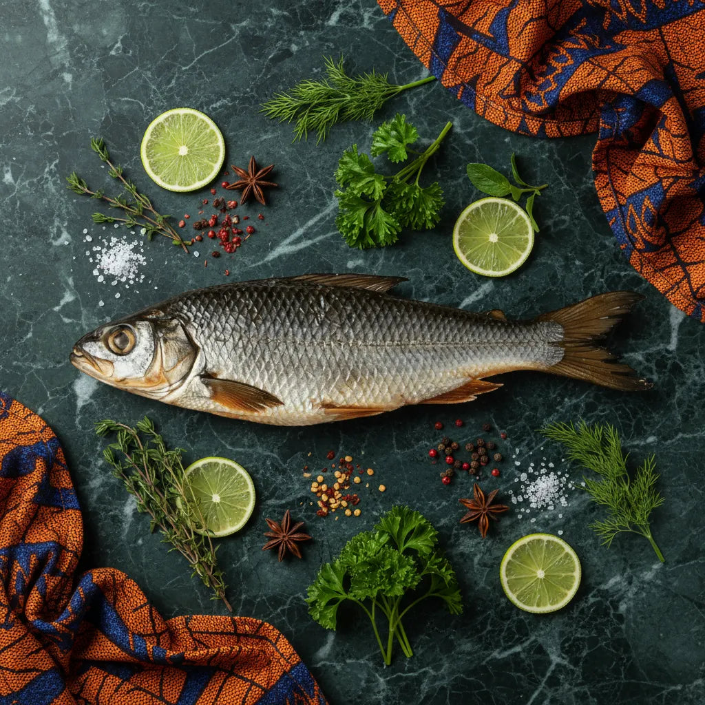 Capitaine NANKA Fumé entouré d'épices et de citron vert, mettant en valeur sa fraîcheur et sa saveur authentique.
