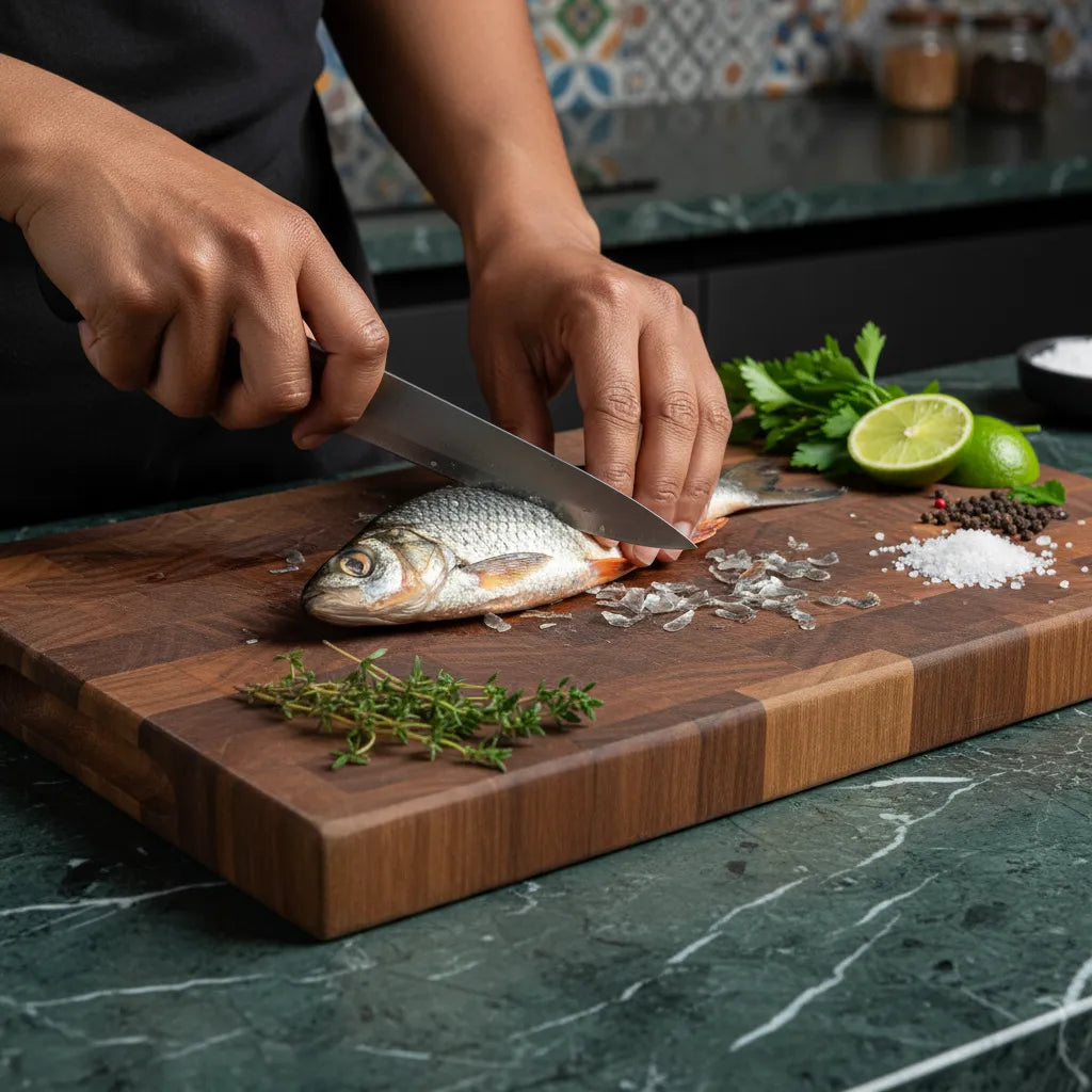 Préparation du Capitaine NANKA Fumé sur planche en bois avec herbes fraîches, parfait pour une cuisine savoureuse et naturelle.
