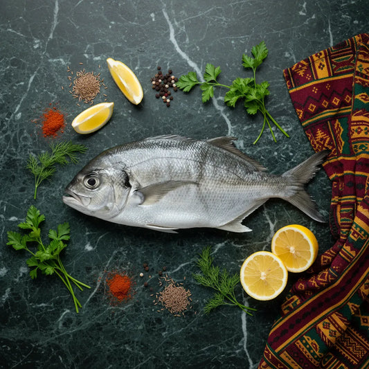 Carangue trevally poisson frais entouré de citron, épices et herbes sur fond marbré, ingrédient polyvalent pour plats savoureux et protéinés.