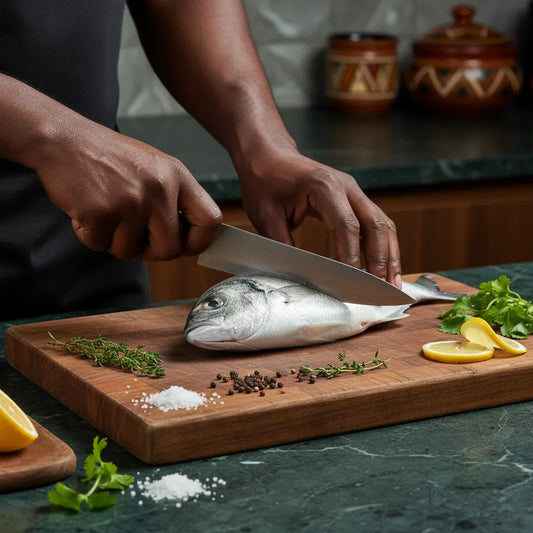 Préparation de carangue trevally poisson sur planche en bois avec herbes fraîches, citron et épices, parfait pour une cuisine riche en protéines.