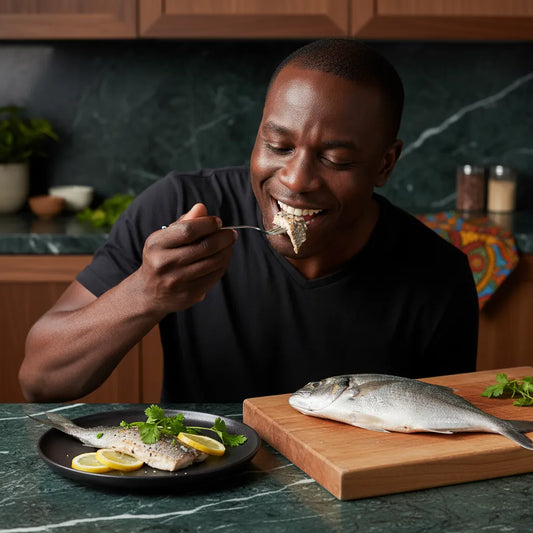 Dégustation de carangue trevally poisson cuit, savoureux et riche en protéines, parfait pour une alimentation saine et équilibrée.