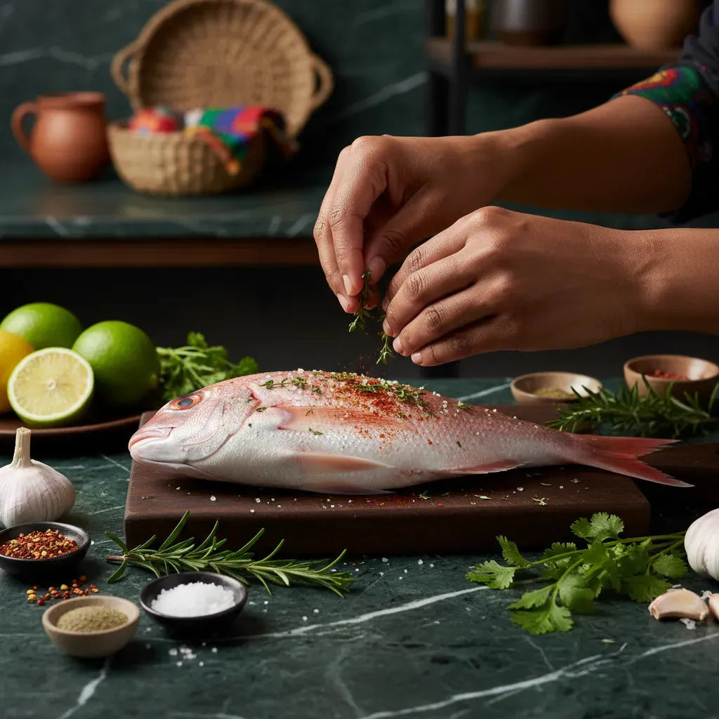 Dorade rose assaisonnée avec herbes et épices sur planche en bois, poisson surgelé prêt à cuire pour plat savoureux.