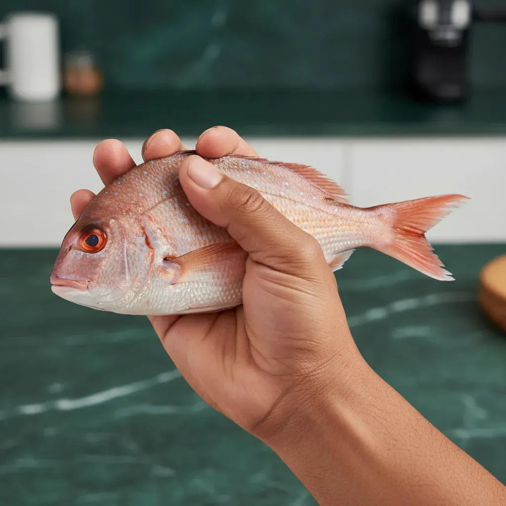 Dorade rose tenue à la main, poisson frais surgelé à chair tendre, parfait pour recettes de fruits de mer maison.