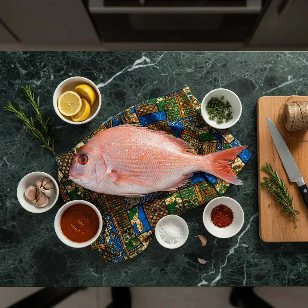 Dorade rose crue sur tissu coloré, entourée d'ingrédients frais pour préparation culinaire, poisson surgelé au goût délicat.