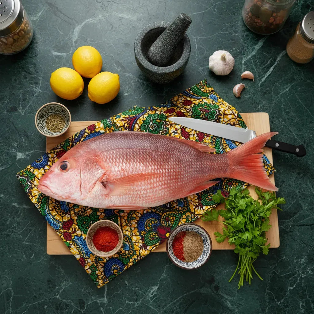 Vivaneau cru sur planche en bois avec épices, citron et persil, prêt à être cuisiné pour une recette de poisson frais maison.