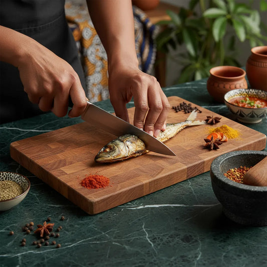 Préparation culinaire d’un chinchard fumé entier sur planche en bois, entouré d’épices pour une recette de poisson savoureuse.