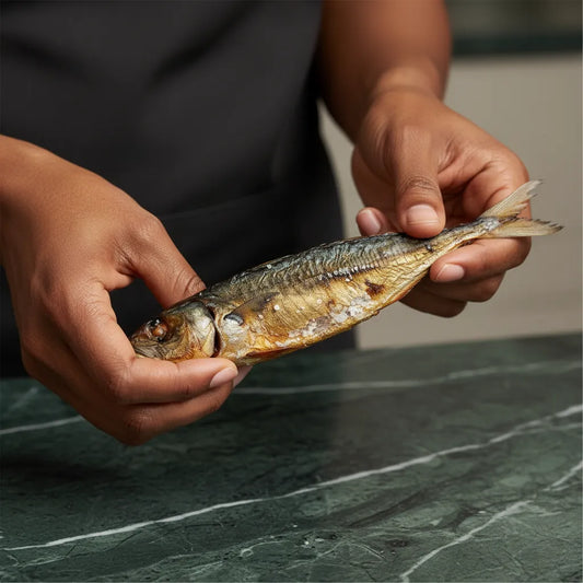 Présentation d’un chinchard fumé entier entre les mains, parfait pour une cuisine naturelle et riche en goût de la mer.