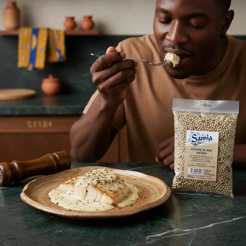 Homme dégustant un plat crémeux assaisonné avec le poivre blanc entier SAMIA - Épice aromatique pour cuisine raffinée.