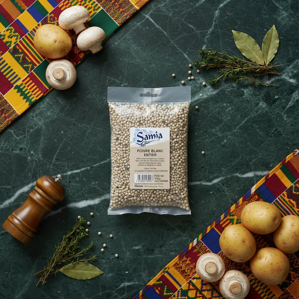 Sachet de poivre blanc entier SAMIA posé sur une table avec légumes et herbes - Épicerie salée pour recettes savoureuses.