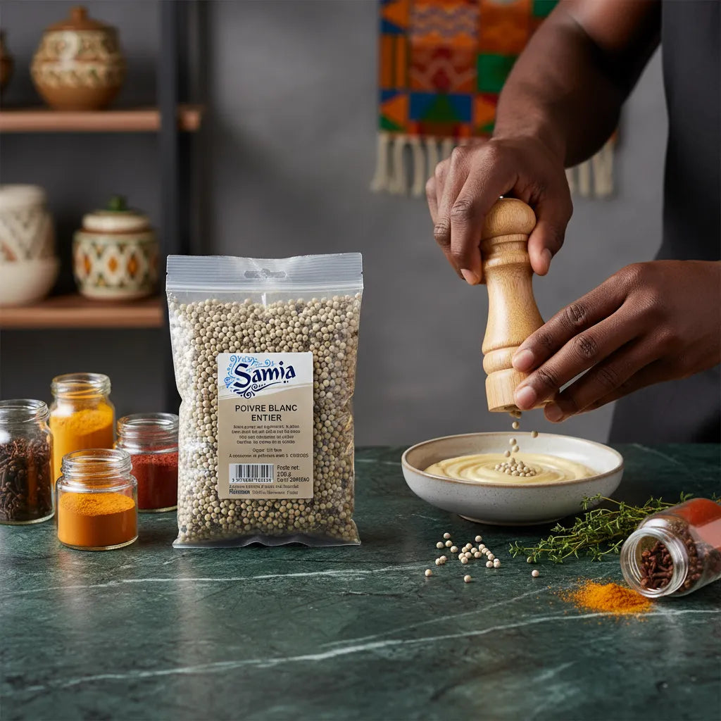 Préparation culinaire avec poivre blanc entier SAMIA fraîchement moulu - Épice aromatique pour sauces et marinades.