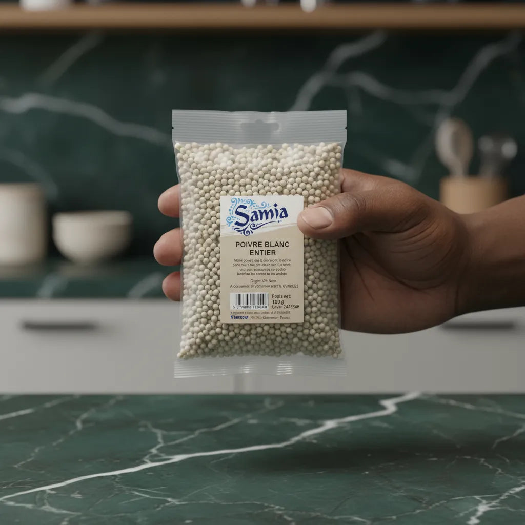 Main tenant un sachet de poivre blanc entier SAMIA - Épice aromatique de qualité pour cuisine du quotidien.