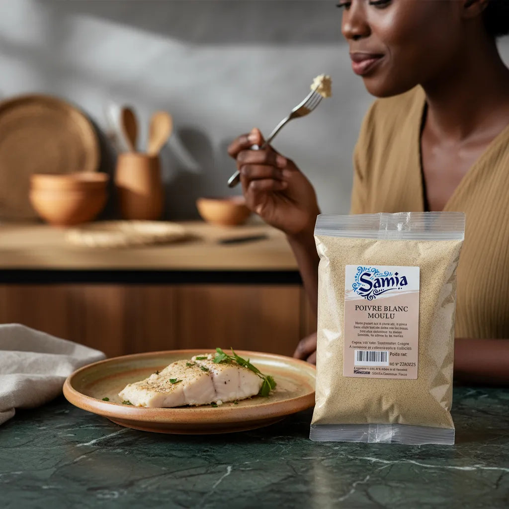 Poivre Blanc Moulu SAMIA - Goût Subtil | Épice Fine utilisé pour assaisonner un filet de poisson dans une cuisine moderne.