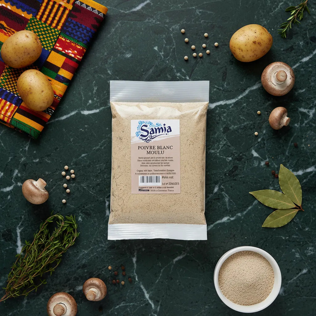 Poivre Blanc Moulu SAMIA - Goût Subtil | Épice Fine présenté avec pommes de terre, champignons et herbes sur fond de marbre vert.