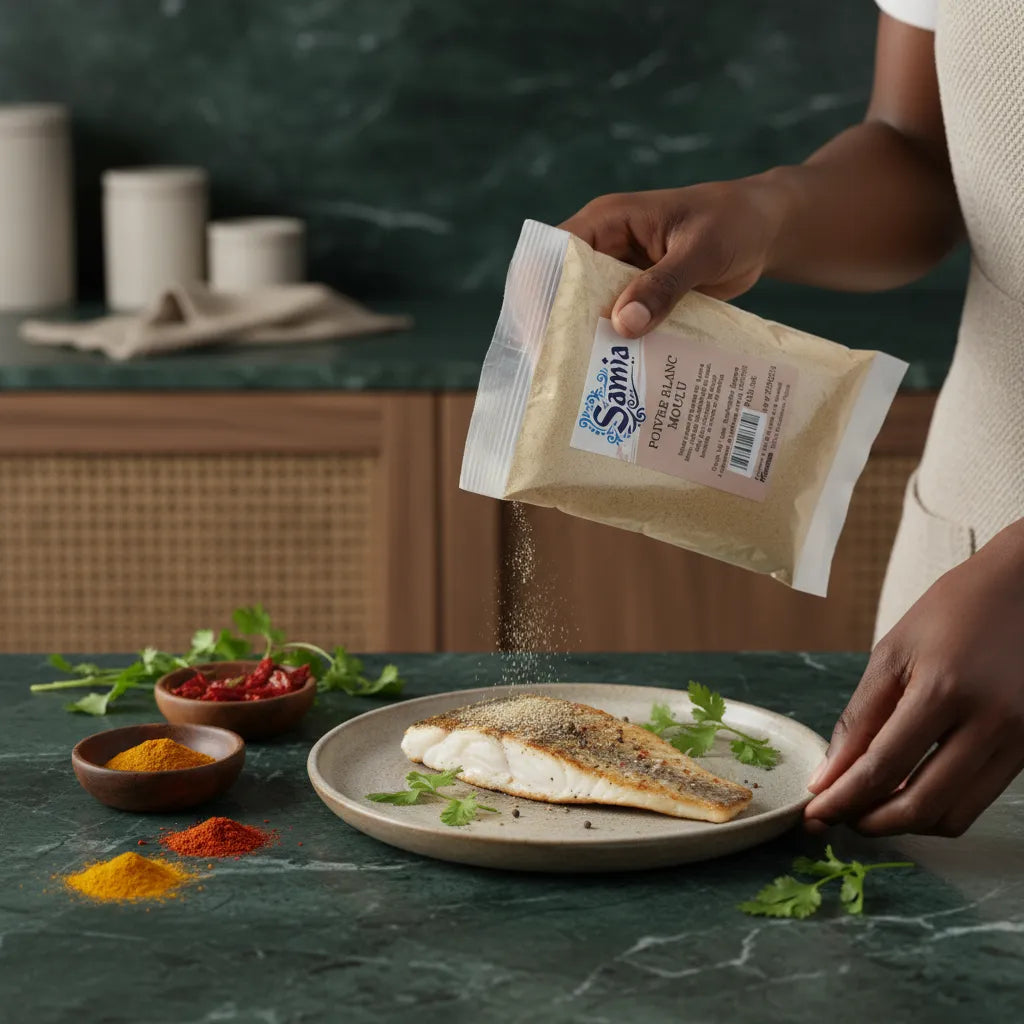 Poivre Blanc Moulu SAMIA - Goût Subtil | Épice Fine saupoudré sur un filet de poisson, accompagné d'épices colorées et de coriandre fraîche.