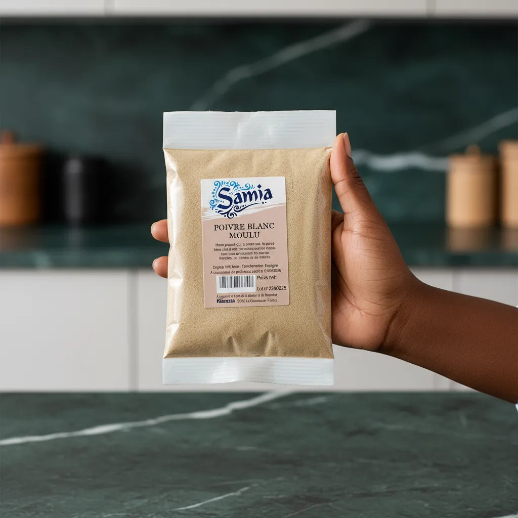 Poivre Blanc Moulu SAMIA - Goût Subtil | Épice Fine tenu en main dans une cuisine contemporaine, parfait pour l'épicerie salée.