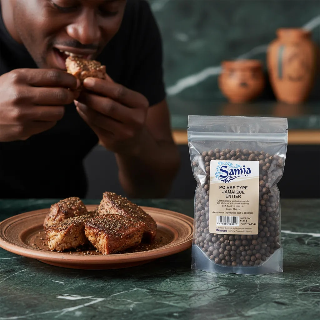 Poivre entier Jamaïque SAMIA posé à côté d’un plat de viande assaisonnée, idéal pour relever les plats avec des notes boisées.