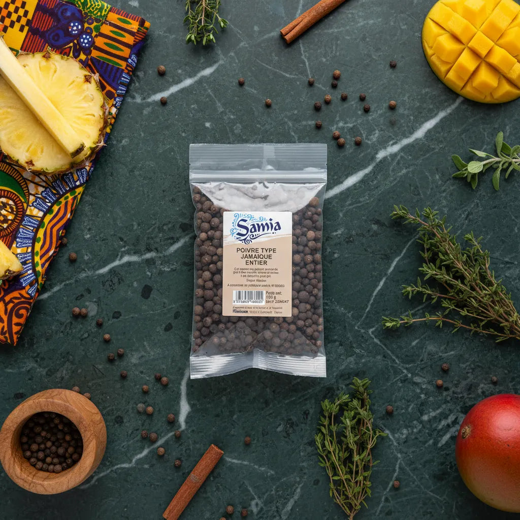 Sachet de poivre entier Jamaïque SAMIA entouré d’ingrédients exotiques comme ananas, mangue et herbes, illustrant sa polyvalence culinaire.