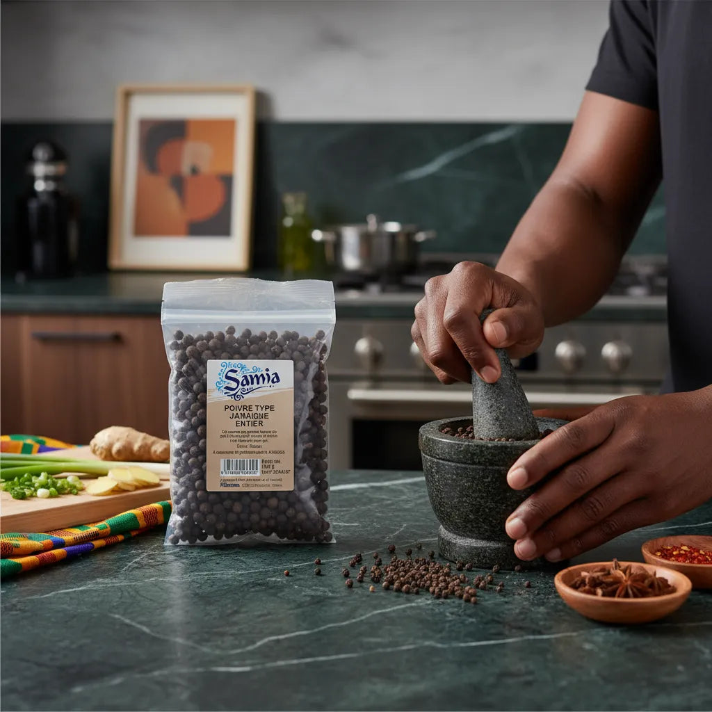 Poivre entier Jamaïque SAMIA utilisé avec un mortier dans une cuisine moderne, parfait pour libérer ses arômes de cannelle et muscade.