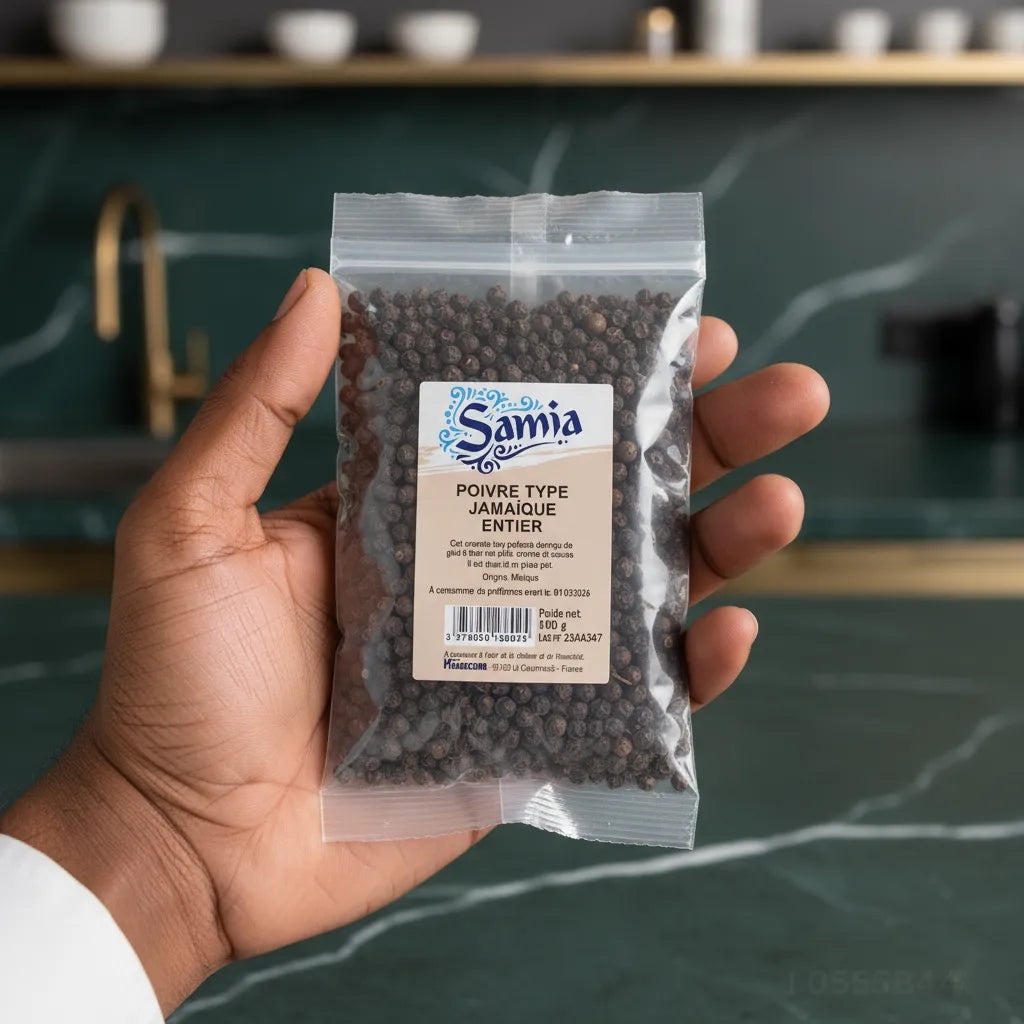 Main tenant un sachet de poivre entier Jamaïque SAMIA, épice de qualité aux notes de clou de girofle et boisées pour plats raffinés.