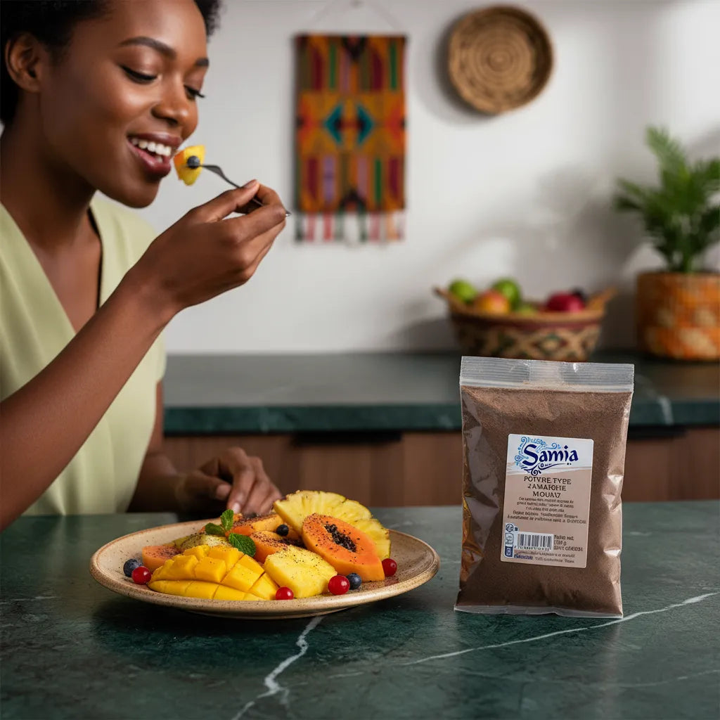 Femme dégustant un plat de fruits exotiques avec sachet de poivre moulu Jamaïque SAMIA, épice idéale pour recettes sucrées-salées.