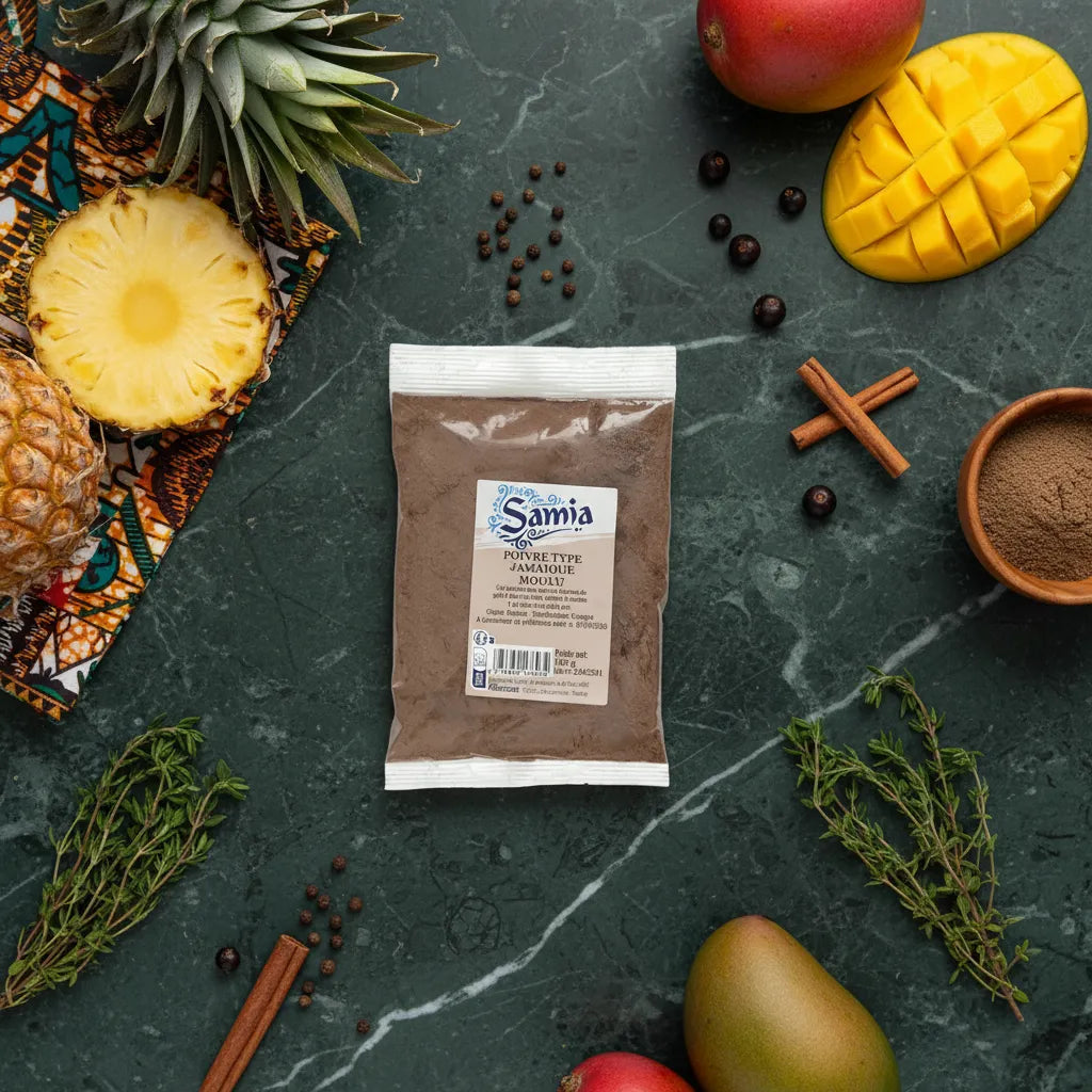 Sachet de poivre moulu type Jamaïque SAMIA entouré d’ingrédients tropicaux comme mangue, ananas et épices, parfait pour cuisine créative.