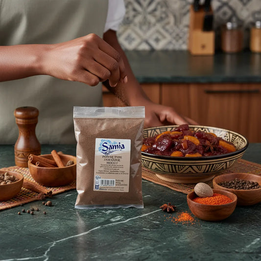 Main saupoudrant du poivre moulu Jamaïque SAMIA sur un plat mijoté, épice boisée idéale pour relever les plats traditionnels.