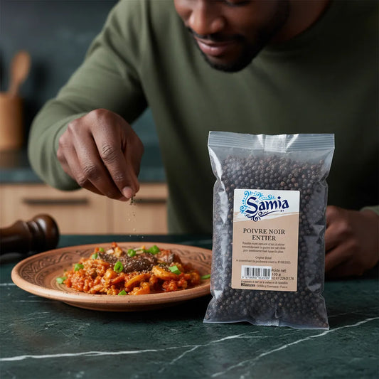 Poivre noir entier SAMIA utilisé pour assaisonner un plat mijoté, parfait pour relever les saveurs de la cuisine maison avec une touche épicée.