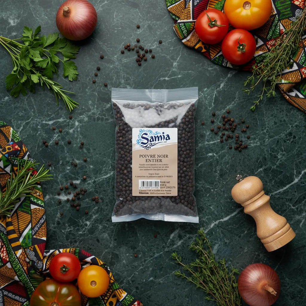 Sachet de poivre noir entier SAMIA entouré d’ingrédients frais sur plan de travail, idéal pour sublimer vos recettes avec une épice incontournable.