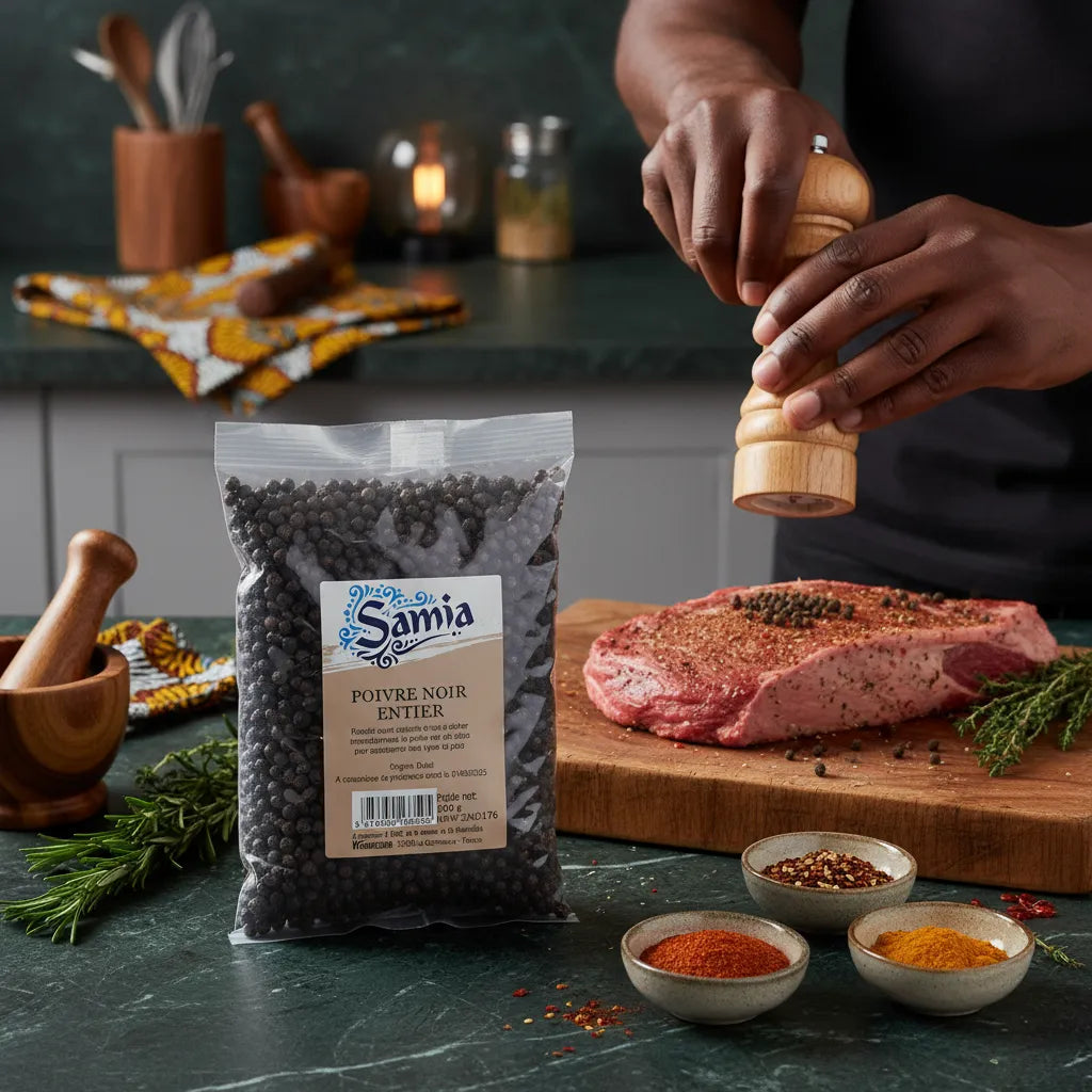 Poivre noir entier SAMIA fraîchement moulu sur une pièce de viande crue, parfait pour les marinades et grillades dans la cuisine salée.