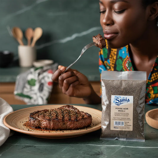 Femme dégustant un steak assaisonné avec le poivre noir moulu SAMIA, saveur intense pour cuisine maison. Épicerie salée incontournable.