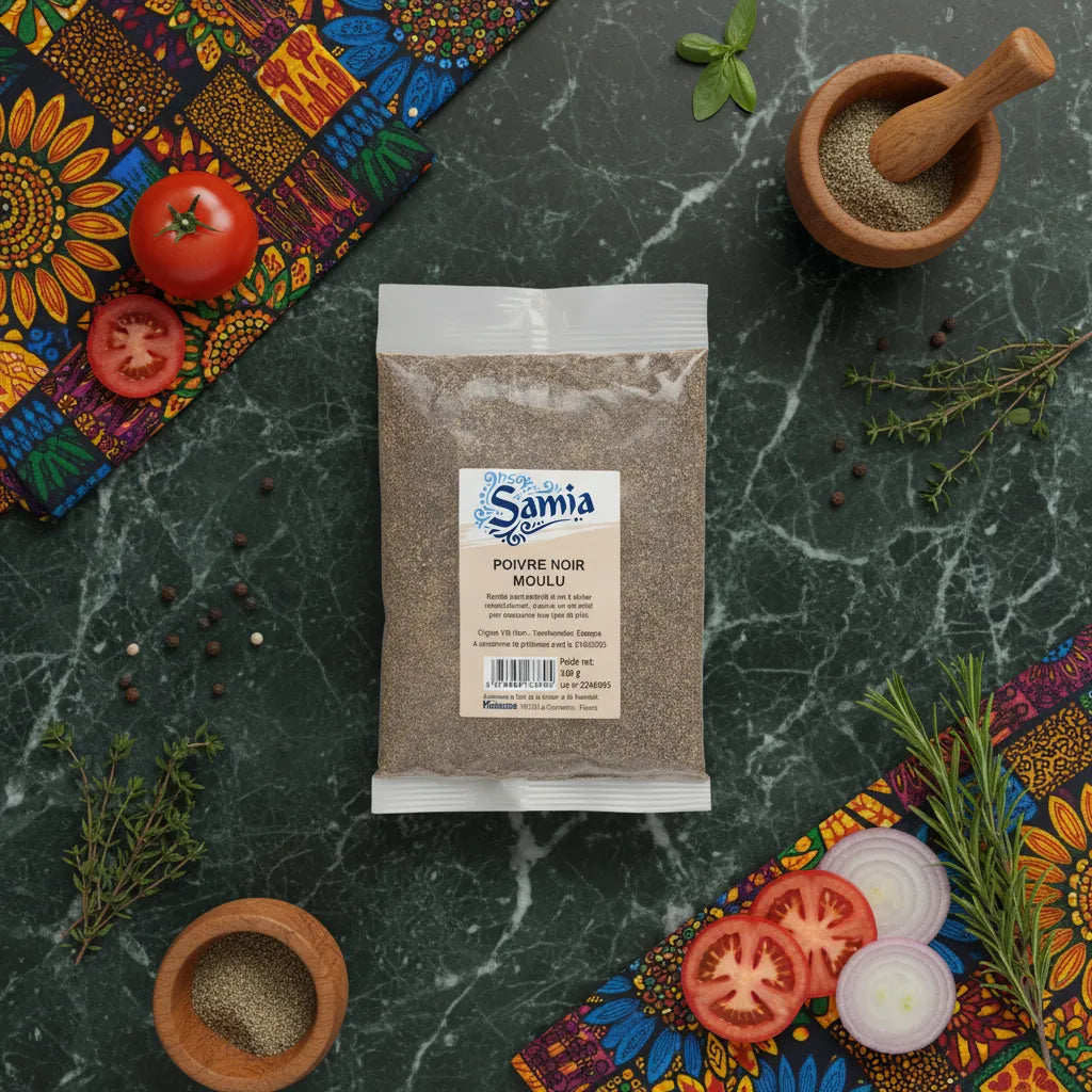 Poivre noir moulu SAMIA posé sur table avec légumes et herbes, parfait pour rehausser les plats. Épicerie salée pour cuisine parfumée.
