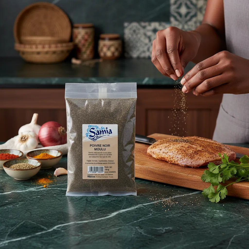Main saupoudrant du poivre noir moulu SAMIA sur filet de poulet, épice fine pour cuisine intense. Produit d'épicerie salée de qualité.