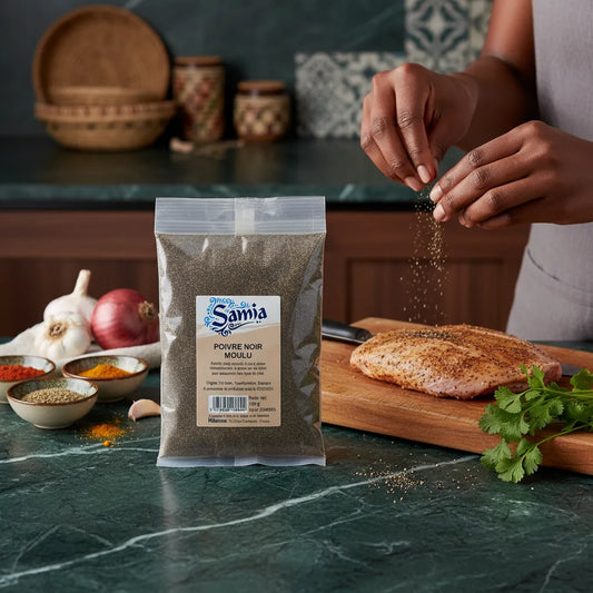 Main saupoudrant du poivre noir moulu SAMIA sur filet de poulet, épice fine pour cuisine intense. Produit d'épicerie salée de qualité.