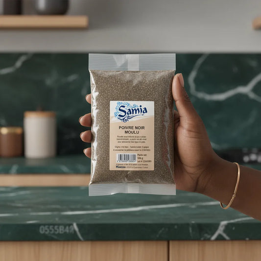 Main tenant un sachet de poivre noir moulu SAMIA, épicerie salée pour plats riches en goût. Idéal pour toutes recettes de cuisine.