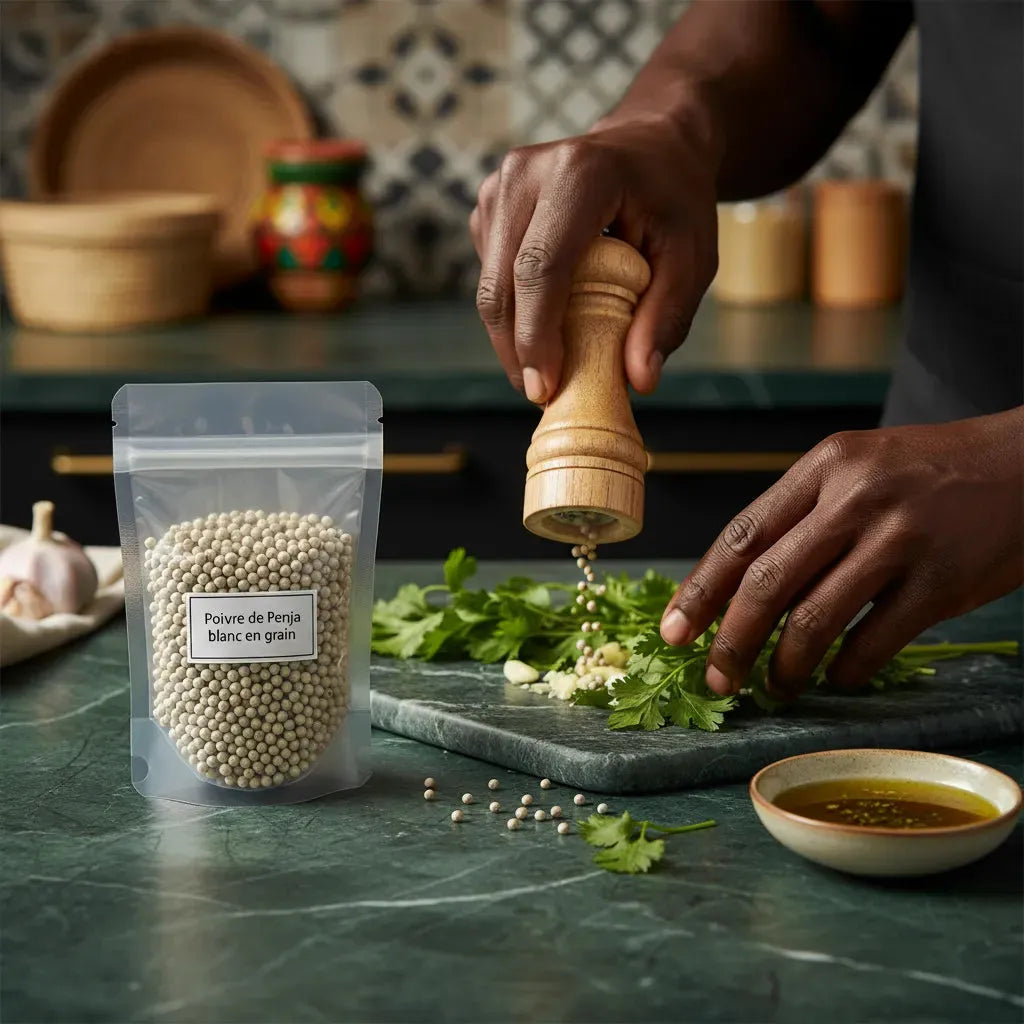 Poivre de Penja blanc en grain utilisé avec moulin à poivre sur persil frais, épice premium pour cuisine savoureuse et authentique.