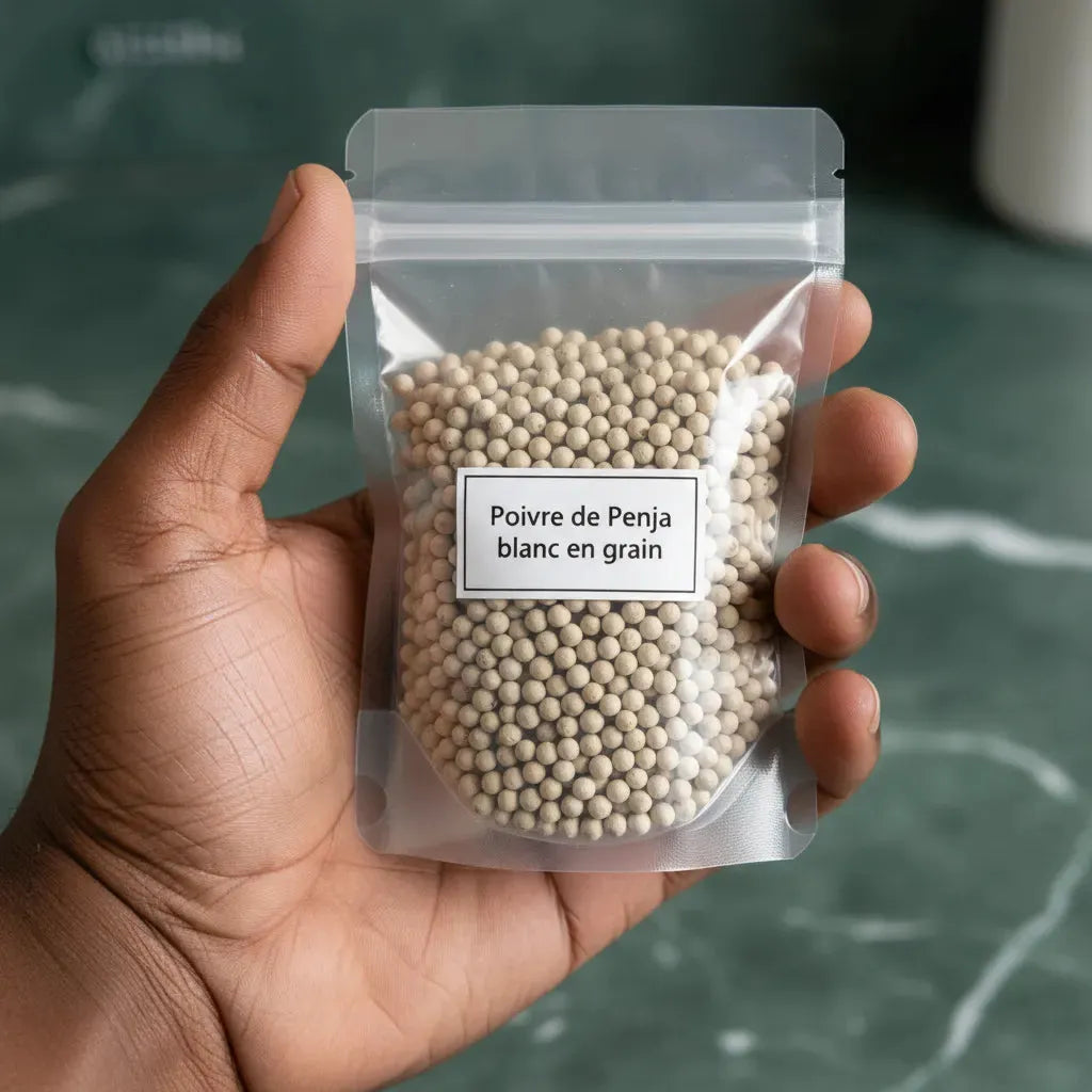 Main tenant un sachet de poivre de Penja blanc en grain, produit d'épicerie salée haut de gamme aux arômes subtils du Cameroun.